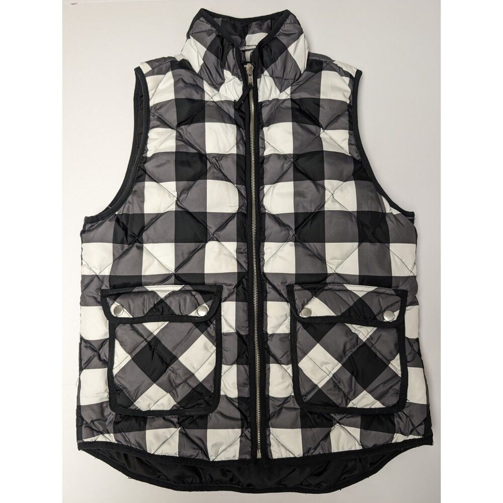 Woolrich Quilted Duck Down Vest Womens Size Med Full Zip Checkered Black White
